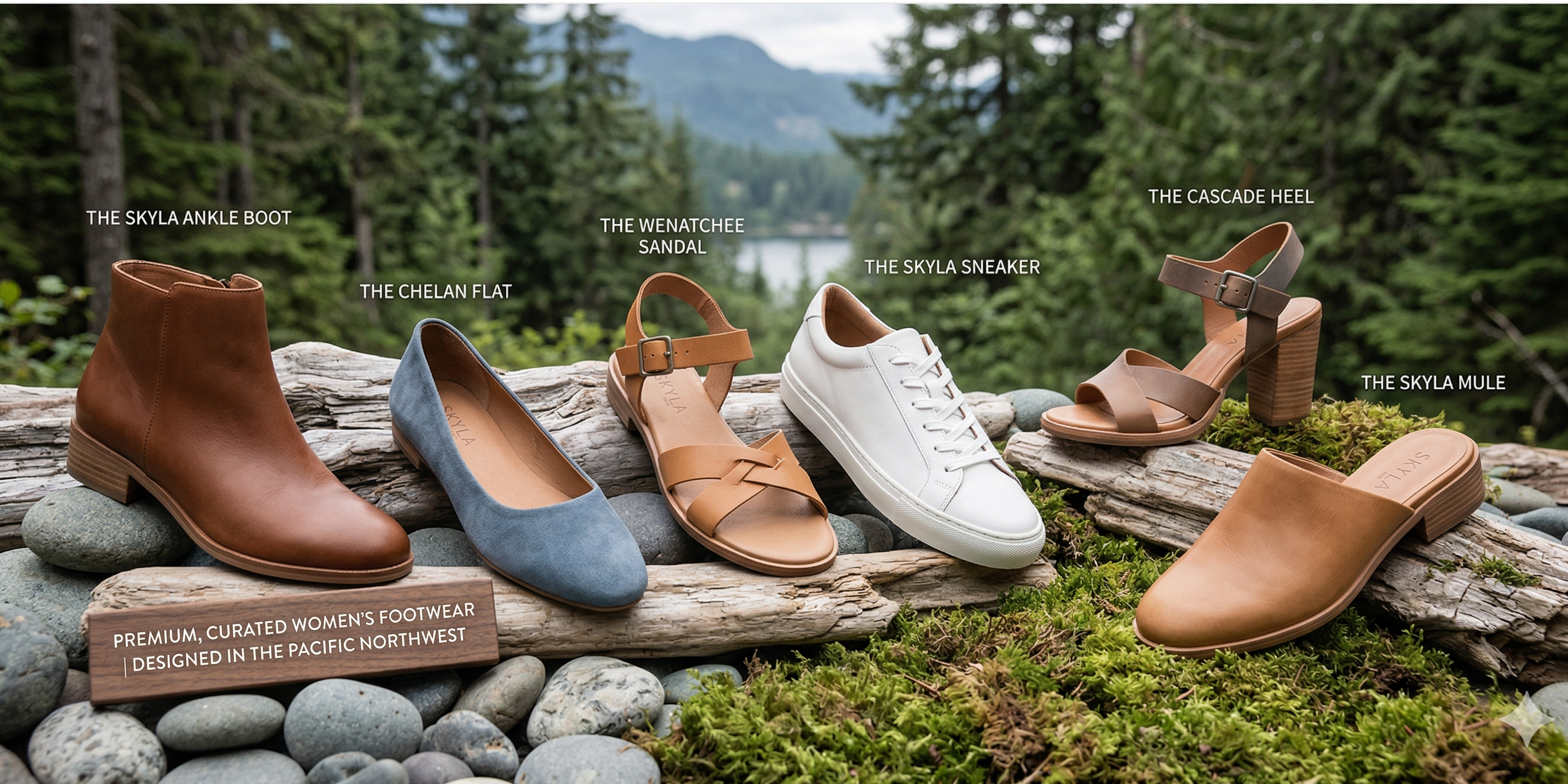 A curated collection of Skyla Shoes, featuring a leather boot, suede flat, and leather sneaker.